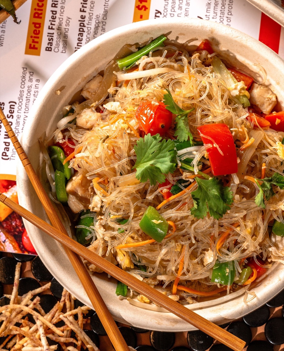 Brya Zan glass noodles (Pad Woon Sen) with chopsticks